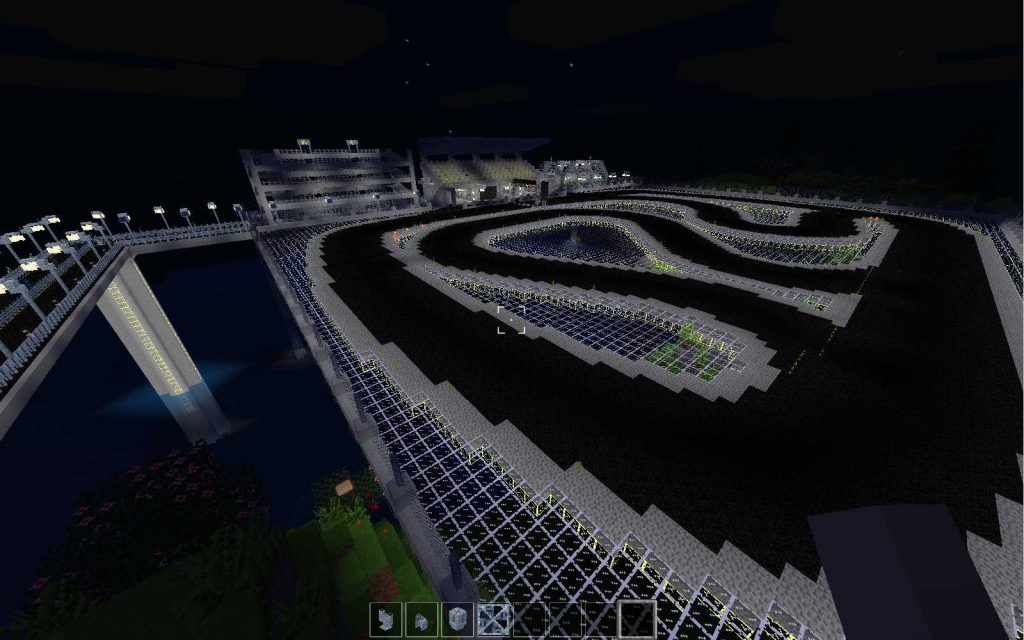 Minetest Infrastructure Mod - tor wyścigowy z trybunami i garażami oraz zapleczem gastronomicznym