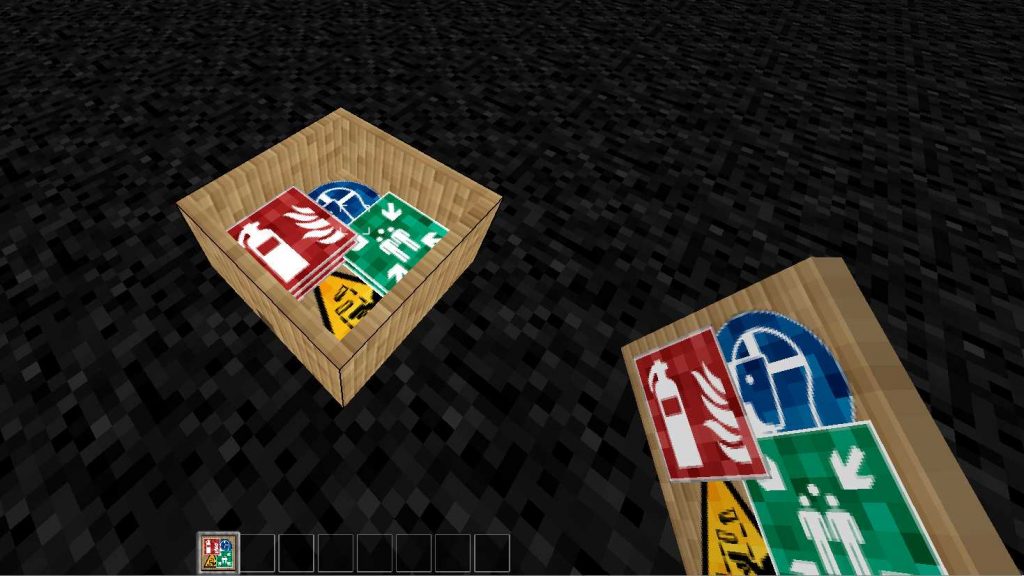 Tekturowe pudełko ze znakami BHP z modu Safety Signs dla Minetest